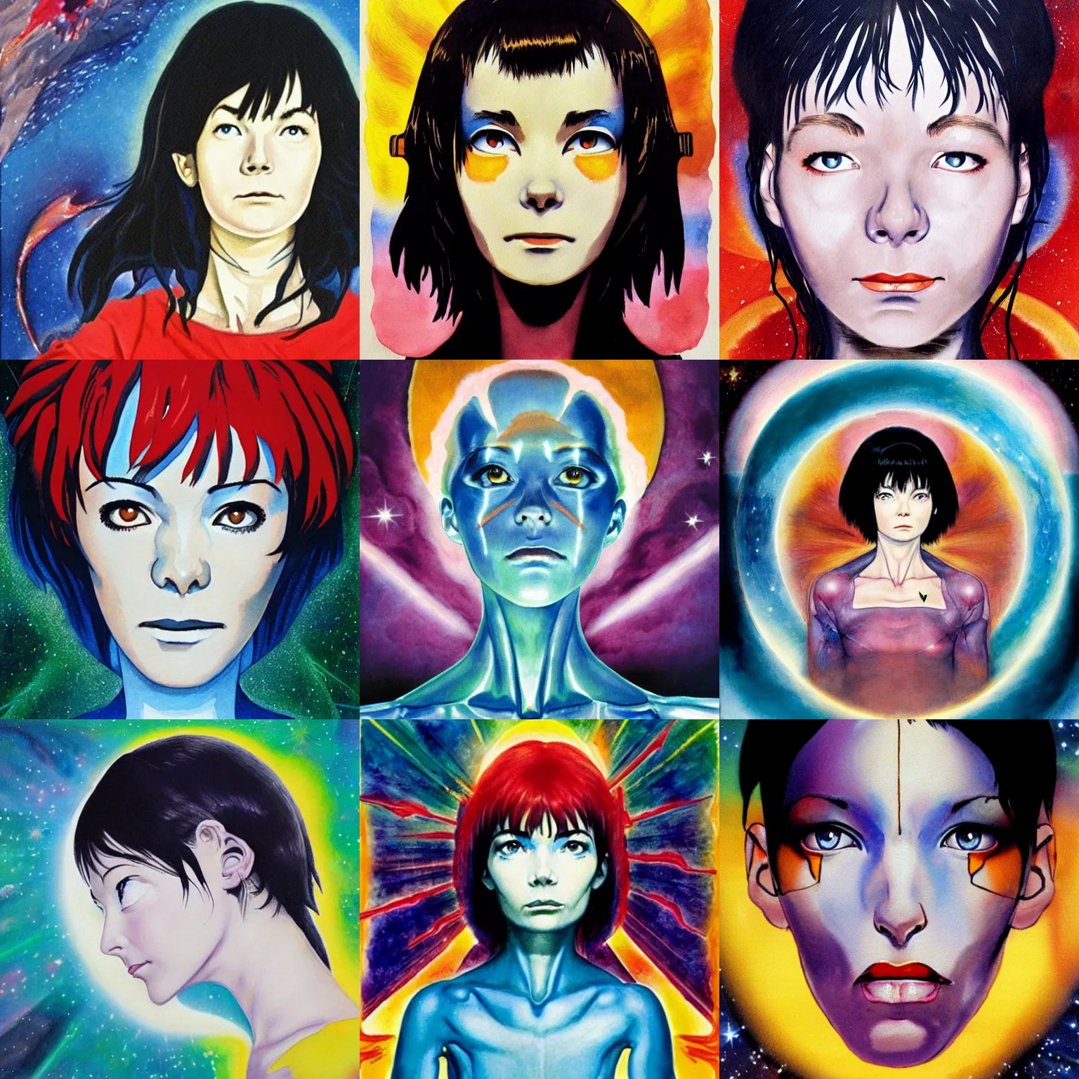 Image similar to end of evangelion poster, photorealistic portrait of bjork's face, cosmic bjork, lifelike bjork painted in watercolor by william blake, 1 8 2 6.