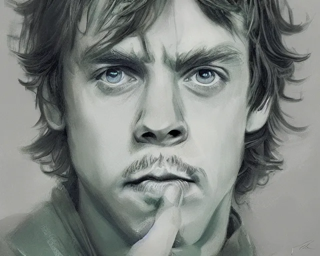 Image similar to portrait of young luke skywalker mark hamill young from star wars 6 return of the jedi 1 9 8 3 in shades of grey but with green by jeremy mann