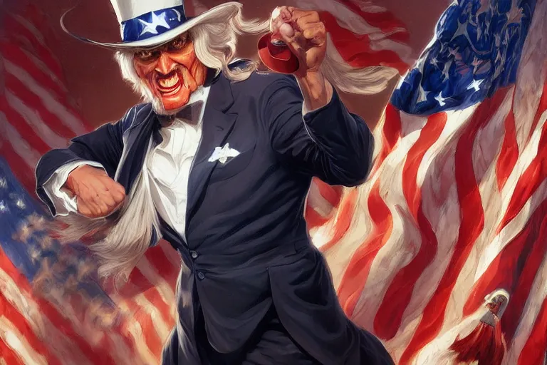 Prompt: painting of uncle sam punching steven seagal, coherent, intricate, elegant, highly detailed, digital painting, artstation, concept art, smooth, sharp focus, illustration, art by artgerm and greg rutkowski and alphonse mucha