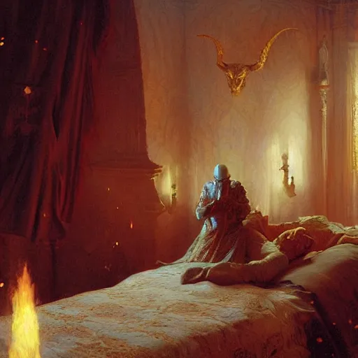 Image similar to the pope is in his bedroom, scared because a horned demon is attacking him. highly detailed painting by gaston bussiere, greg rutkowski, craig mullins 8 k