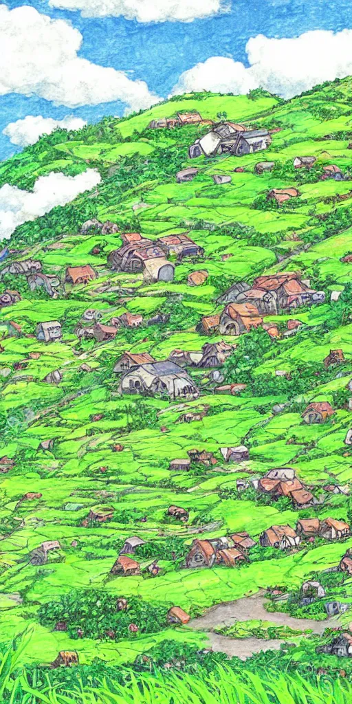 Image similar to Farm on the hillside containing various crops and fruits, landscape, very detailed, art by Studio Ghibli