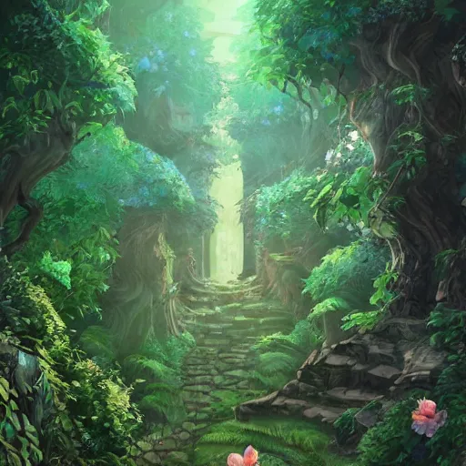 Image similar to beautiful ancient magical overgrown secret place, mysetrious etherial mesmerizing atmosphere, beautiful midnight lighting, extremely intricate, hyper detailed, hd, masterpiece, legend of zelda, studio ghibli