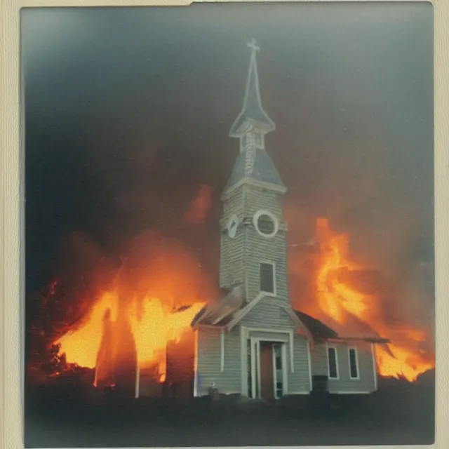 Prompt: polaroid photo of a church on fire