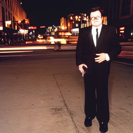 Image similar to 1 9 9 7 nathan lane wearing a black suit and necktie standing on the streets of chicago at night.