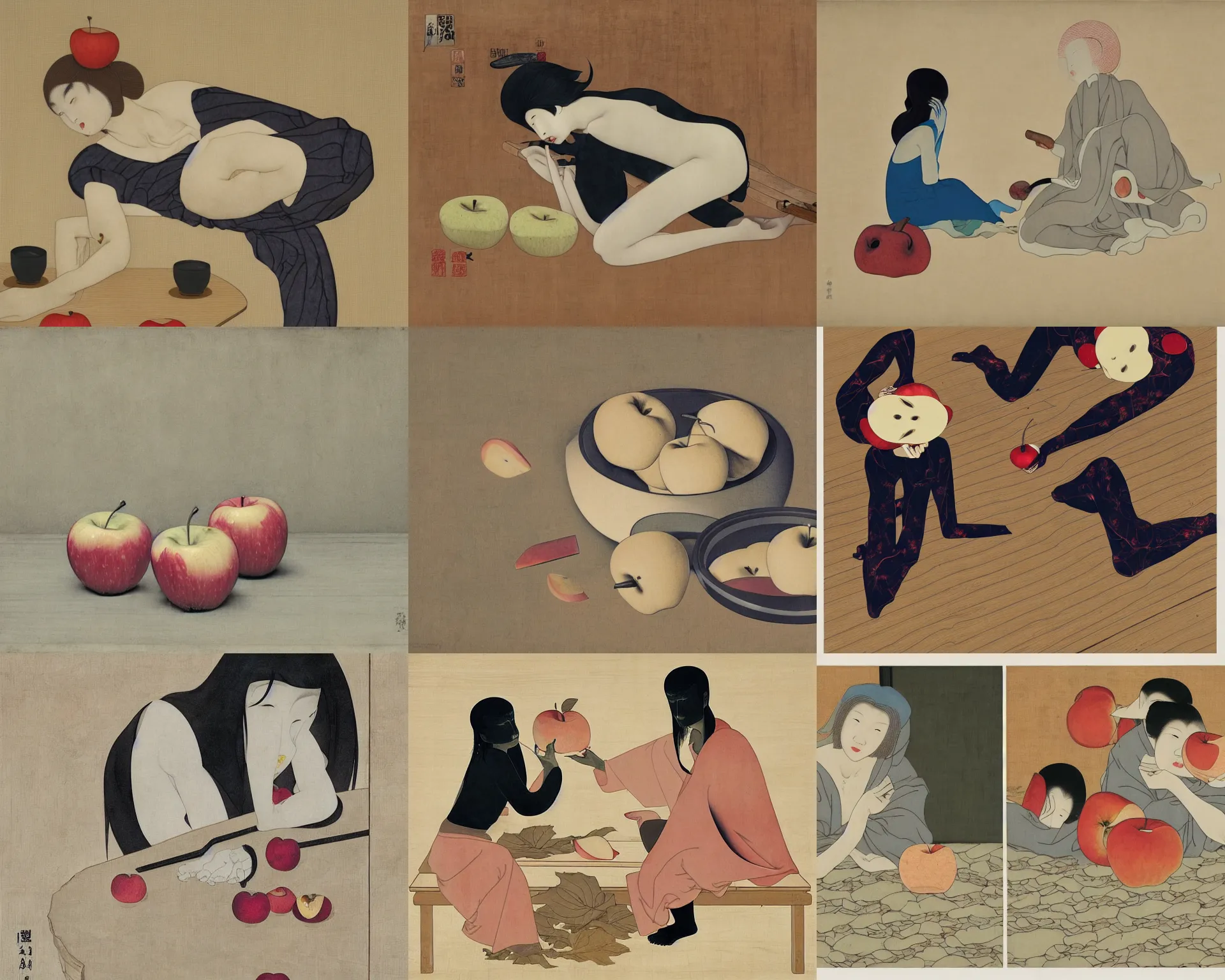 Prompt: Drained apples on a cracked wooden table by Senju Shunga and Hsiao-Ron Cheng and James Jean, pale colors, monotone, calm, balanced