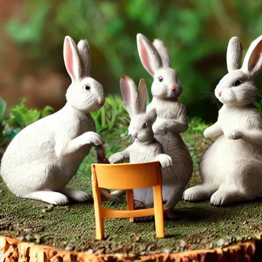 Image similar to A diorama of a bunny family sitting around the table having dinner