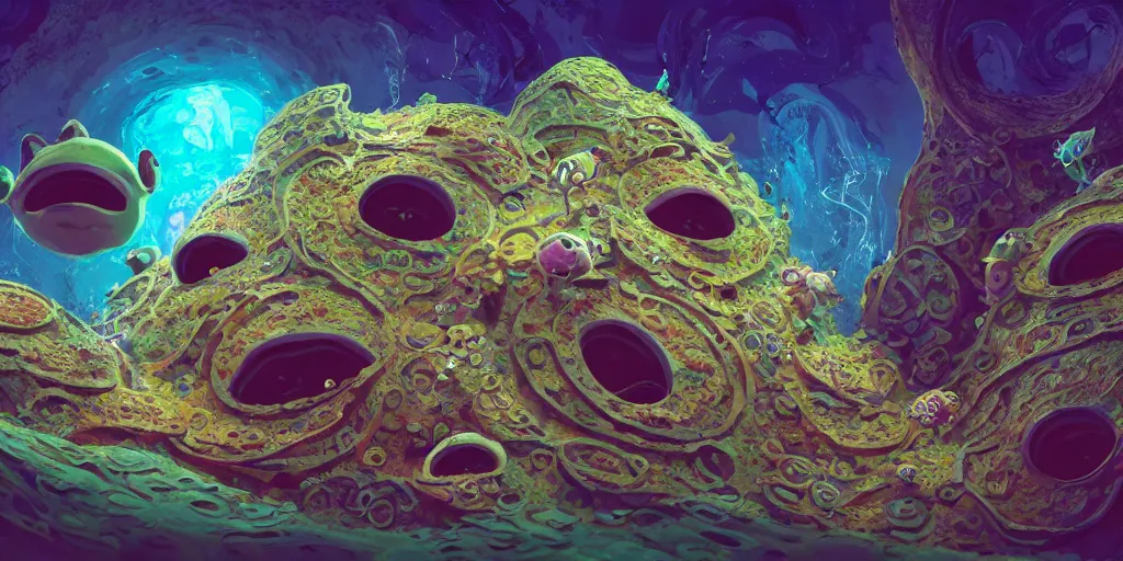 Image similar to of an intricate sea reef with strange cute friendly happy creatures with huge eyes, mouth, long tongue, round teeth and goofy face, appearing from the background, in the style of gehry and gaudi, macro lens, shallow depth of field, ultra detailed, digital painting, trending artstation, concept art, illustration, cinematic lighting, photorealism, epic, octane render