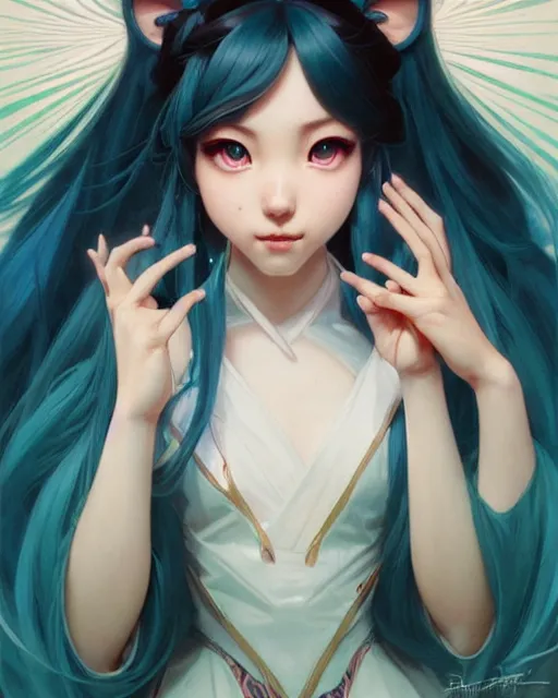 Prompt: portrait of disney hatsune miku, intricate, elegant, highly detailed, digital painting, artstation, concept art, smooth, sharp focus, illustration, art by artgerm and greg rutkowski and alphonse mucha and uang guangjian and gil elvgren and sachin teng and wlop!!!, symmetry!!