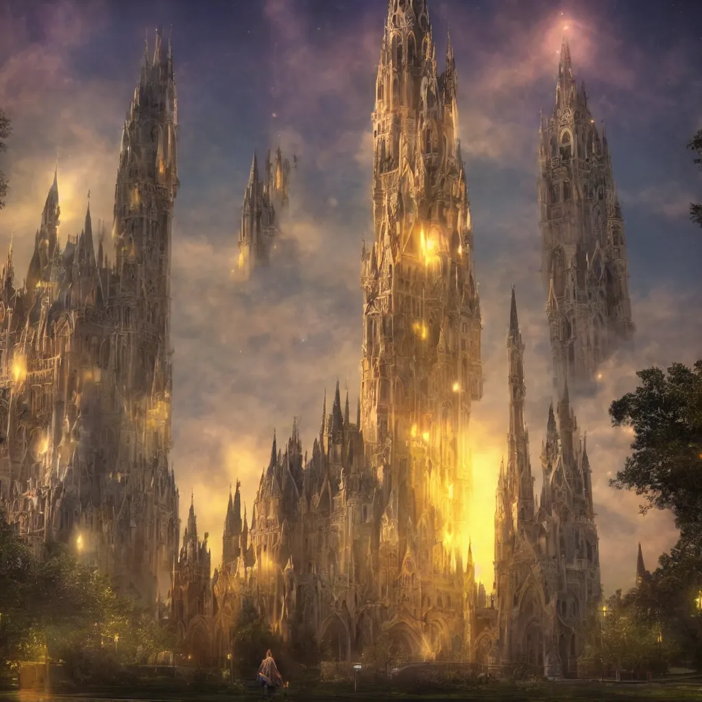 Image similar to huge towering magical university, extreme drama, distant glowing figures, hdr, movie still, fully photorealistic, sharp luminescent focus, nd 6, sony fx 6, glowing luminescent invocations