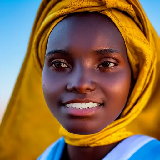 Image similar to A straight-on close-up head and shoulders photo of a 14-year-old Sudanese girl wearing a traditional dress, optimistic about the future, sunset reflecting in her eyes, wearing an almost-invisible NASA space suit helmet that is barely visible to us, 4K 85mm f/2