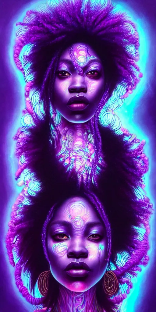 Prompt: hyperrealistic intricate close-up of beautiful african woman with purple hair and pearlescent blue skin hannah yata machiej kuciara dramatic neon lighting on one side