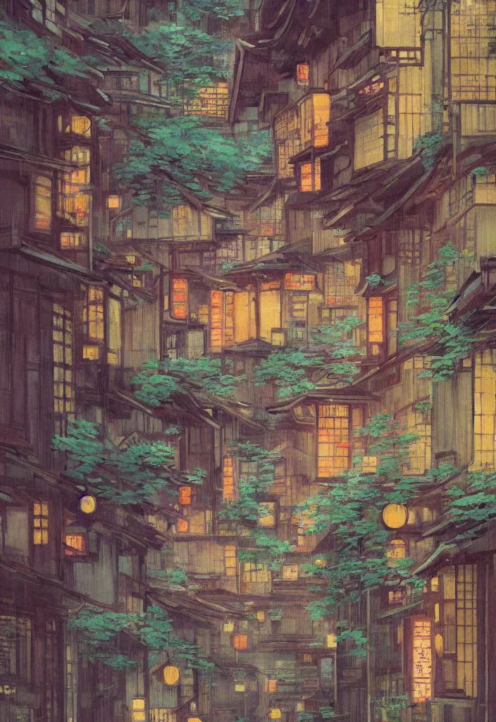 Image similar to a beautiful japanese city in the mountain, amazing ryokans and gorgeous edo era houses, fantastic non human character, epic cyberpunk, lofi vibe, colorful, vivide colors, amazing light, really beautiful nature, by jeremy lipkin, by claude monet, by makoto shinkai, kandinsky touches, inspired by ghibli, masterpiece, beautiful, multiple brush strokes, impressionist style