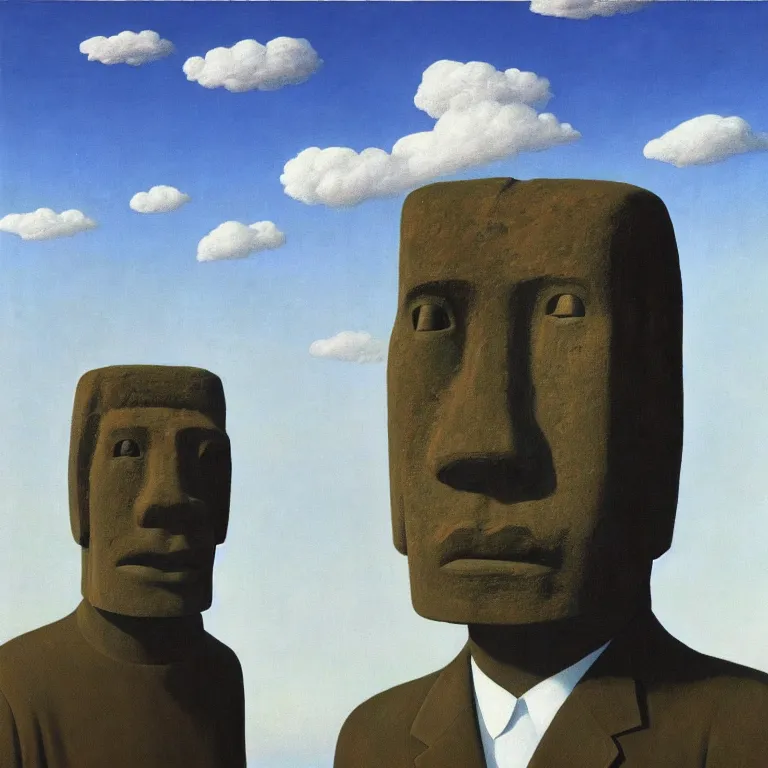 Image similar to portrait of a moai - head man in a suit, clouds in the background, by rene magritte, detailed painting, distance, middle centered, hd, hq, high resolution, high detail, 4 k, 8 k