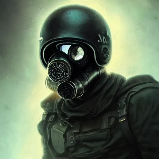 Prompt: commission of a man wearing a black helmet and a black gas mask,red glowing eyes,digital art,crazy detail,hyperdetailed,hyperrealistic,photorealistic,art by greg rutkowski,trevor henderson,artstation,deviantart,eerie,western comic style,comic,sharp lineart,face on fire