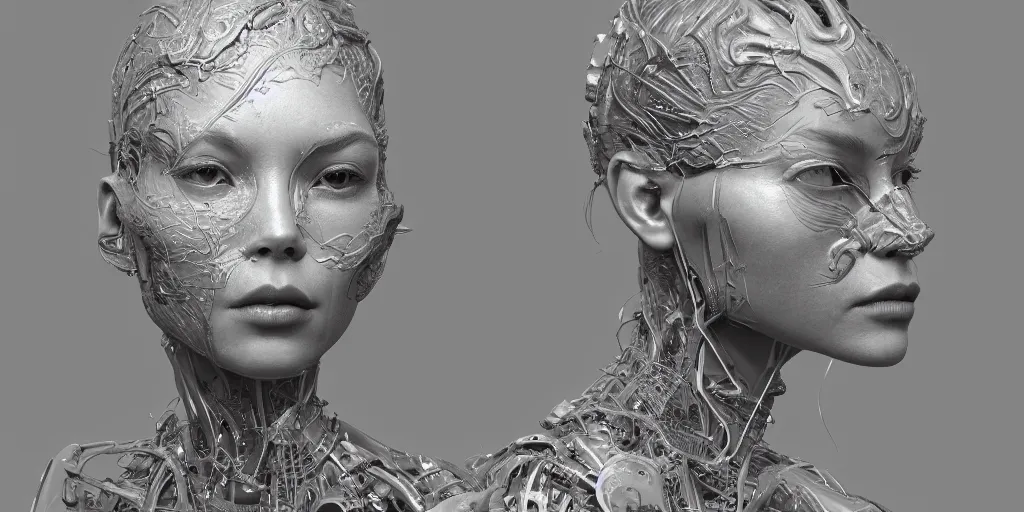Image similar to hyperrealistic photography of a stunningly beautiful cyborg, intimate, holding close, in the style of beth cavener, jin kagetsu,, and wlop, highly detailed, intricate filigree,, masterpiece, award winning, sharp focus, concept art, ringflash lighting, ambient lighting, octane render, 8 k, artstation