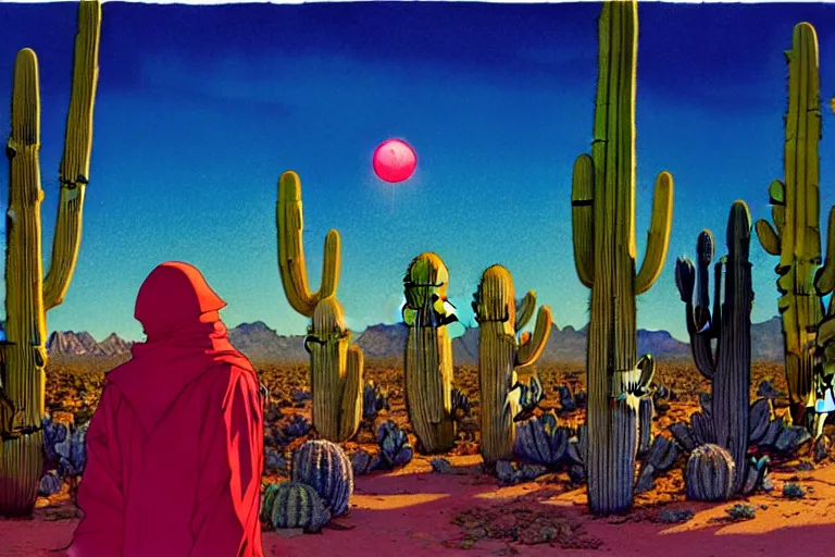 Image similar to a hyperrealist watercolour character concept art portrait of shadow figure, there is a strange light in the sky, utah desert highway. roses. neon lights. cactus. by rebecca guay, michael kaluta, charles vess and jean moebius giraud