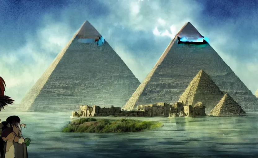 Image similar to a realistic and atmospheric cell - shaded watercolor concept art from howl's moving castle ( 2 0 0 4 ) of a sci - fi city and an egyptian pyramid complex in a flooded rainforest. very dull muted colors, hd, 4 k, hq