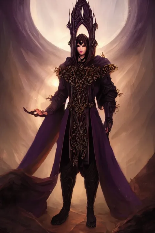 Prompt: Fantasy portrait, Necromancer, male, gorgeous, beautiful face, dark garments, dark pruple robes, gold bracelet, Black cloak from neck to ankles, kiss, pin-up, shapely toned derriere, matte painting, by WLOP, Frank Franzzeta and Sakimichan, artstation