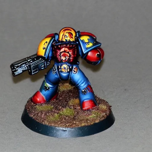 Image similar to space marine walking on human bloody dead bodies, shooting with heavy bolt rifle towards demons