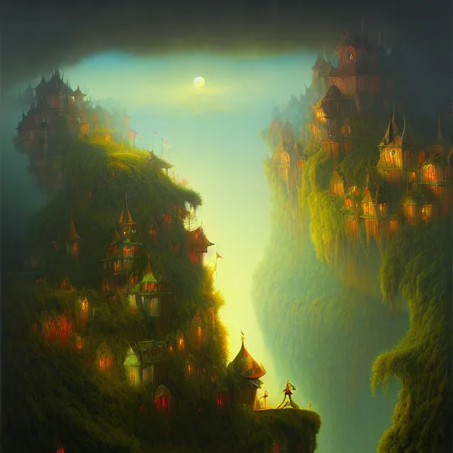 Image similar to a beautiful dark acrylic painting of a dark fantasy land by Raja Ravi Varma and Gediminas Pranckevicius, trending on ArtStation.