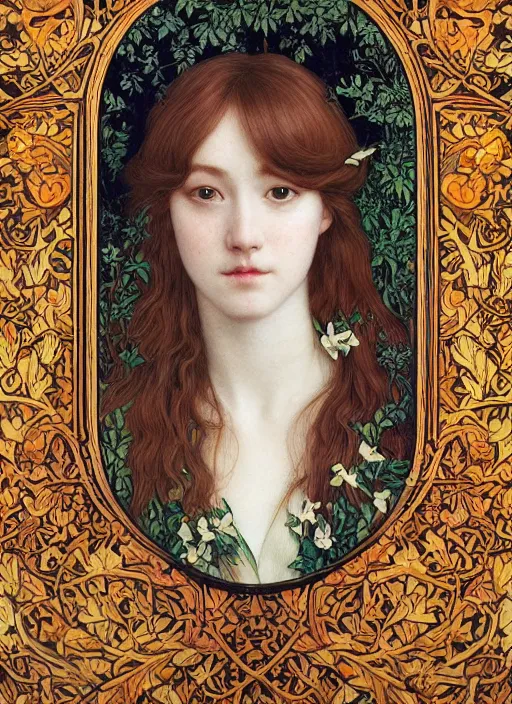 Image similar to masterpiece beautiful seductive flowing curves preraphaelite face portrait photography, extreme close up shot, straight bangs, thick set features, yellow ochre ornate medieval dress, miho hirano, amongst foliage mushroom forest circle arch, william morris and kilian eng and mucha, framed, 4 k