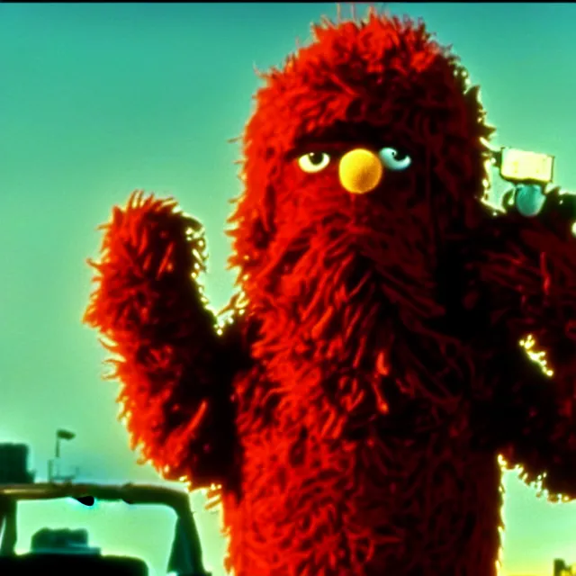 Prompt: mr. snuffleupagus as a gang member in a 1 9 8 0 s action movie screengrab, cinematic, 4 k, hdr, epic