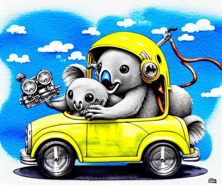 Prompt: cute and funny, koala wearing a helmet riding in a hot rod with an oversize engine, ratfink style by ed roth, centered award winning watercolor pen illustration, isometric illustration by chihiro iwasaki, edited by range murata, tiny details by artgerm and watercolor girl, symmetrically isometrically centered, sharply focused