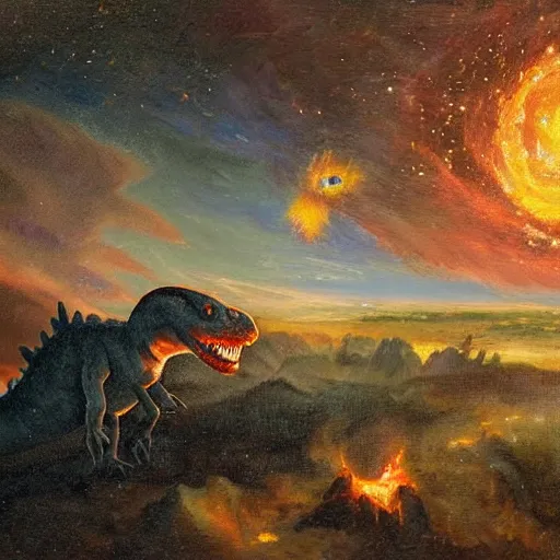 Image similar to masterful oil painting, a meteor crashing to earth while a dinosaur watches it