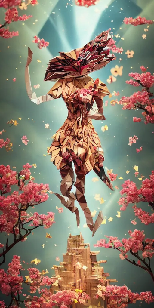 Image similar to <https://s.mj.run/fYu46ryI1Y0> a metropolis made out of origami paper, anthropomorphic tiger woman wearing a flowing tiffany-colored dress, paper origami, many origami sakura flowers, heavenly light, 3D, very detailed, octane render, trending ArtStation, artgem