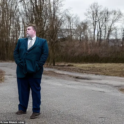 Image similar to the chubby white man stood patiently on the trailer lot, his legs spread apart, wearing an olive green overcoat, dark gray chalk stripe three-piece suit, a blue dress shirt with white cuffs and collars, a midnight blue necktie, and a pair of worn-in wheat Timberland Boots