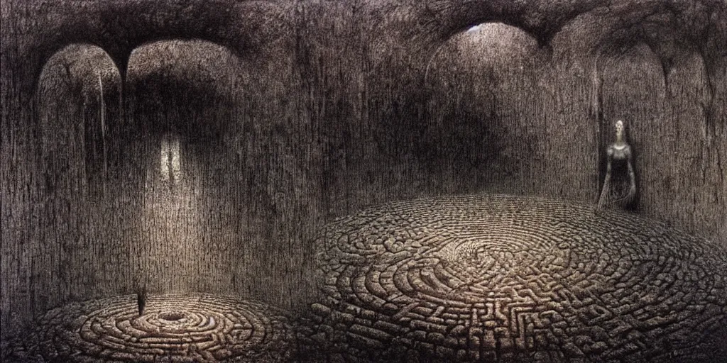 Image similar to underground labyrinth filled with dark water by Beksinski, Luis Royo