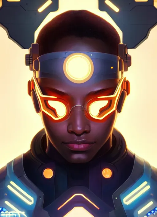 Image similar to symmetry portrait of baptiste from overwatch, sci - fi, tech wear, glowing lights intricate, elegant, highly detailed, digital painting, artstation, concept art, smooth, sharp focus, illustration, art by artgerm and greg rutkowski and alphonse mucha