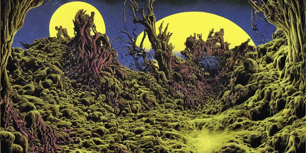 Prompt: Artwork by Richard Corben of the cinematic view of the Celestial Forest of Buried Enchantments.