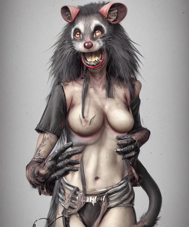 Image similar to the boring, world - weary female anthropomorphic possum demonologist looking for a challenge. her wardrobe is strange. in the style of anti - art trending on artstation deviantart pinterest furaffinity hyper detailed photorealistic highlights and shadow hd 8 k post - processing high resolution