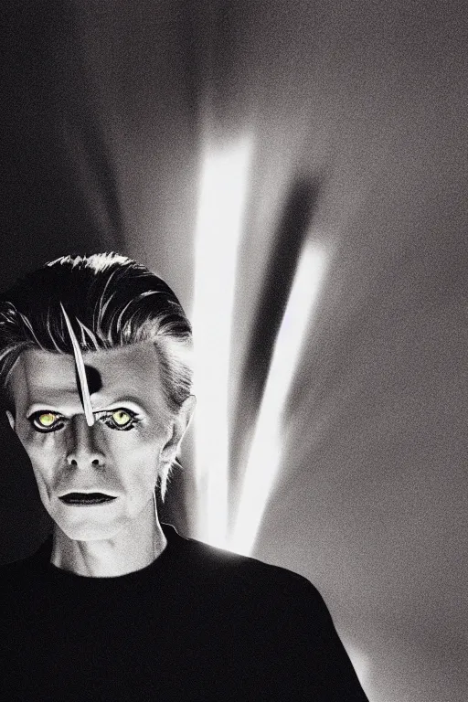 Image similar to david bowie with bright glowing eyes, staring into rhe camera, standing creepily in the middle of the room, black background, dark room, dramatic lighting