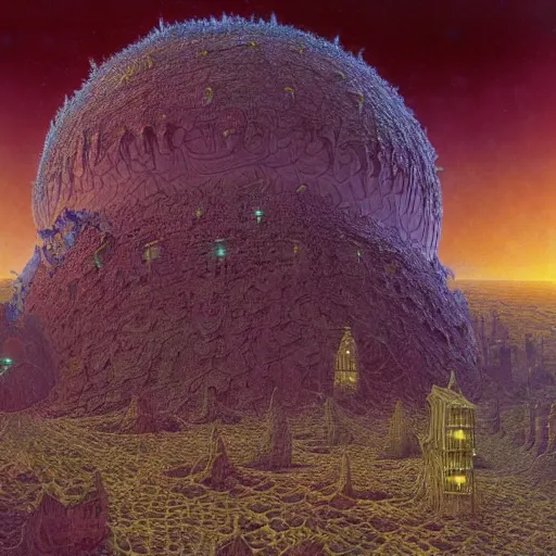 Prompt: a hybrid of the mandelbox and a barren hellscape populated by demons, illustrated by thomas kincade and wayne douglas barlowe and chris foss
