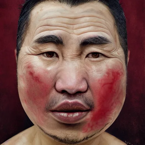 Image similar to photorealistic face portrait of chinese uyghur muslim prisoner and melting wax, wearing victorian rags, elite, disfigured, drooling, moist, unnatural movement, they are unhappy, bizzaro, baroque, renaissance, by emedios varo and anato finnstark and fenghua zhong, hyperrealism, 8 k, 3 d, masterpiece, texture