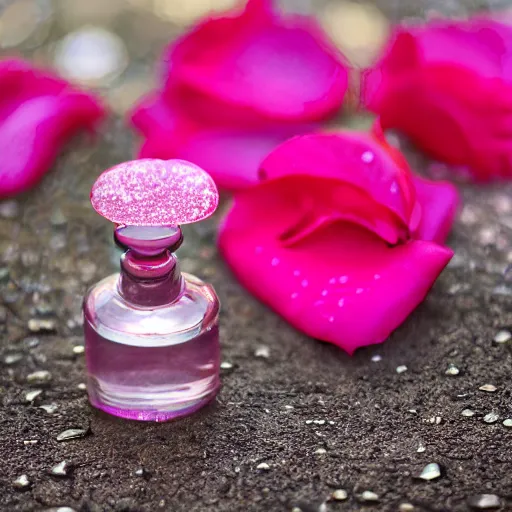 Image similar to perfume bottle surrounded by deep pink romantic rose petals, dew drops, f 2 0, soft femme, romantic simple path traced, environment, up close shot