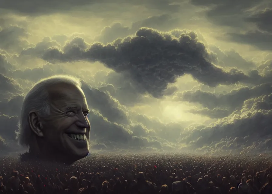 Image similar to large abstract painting of giant grinning Joe Biden head emerging from cosmic clouds at giant immense crowd of person army, trending on ArtStation, masterpiece, by Greg Rutkowski, by Ross Tran, by Fenghua Zhong, octane, lightbeam eyes, soft render, clear facial features, oil on canvas,, moody lighting, cinematic, professional environment concept art