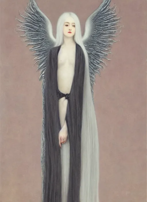 Image similar to thin young beautiful angel with silver hair so long, pale!, wearing silver hair, silver angel wings, wan adorable korean face, silver hair!!, style of fernand khnopff and lucien levy - dhurmer, oil on canvas, 4 k resolution, aesthetic!,