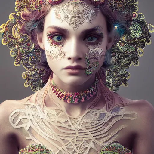 Image similar to wonderful princess of fractals and patterns, beautiful face, hyper detailed, background intricate and detailed, ornate 8 k gorgeous intricate detailed, octane render