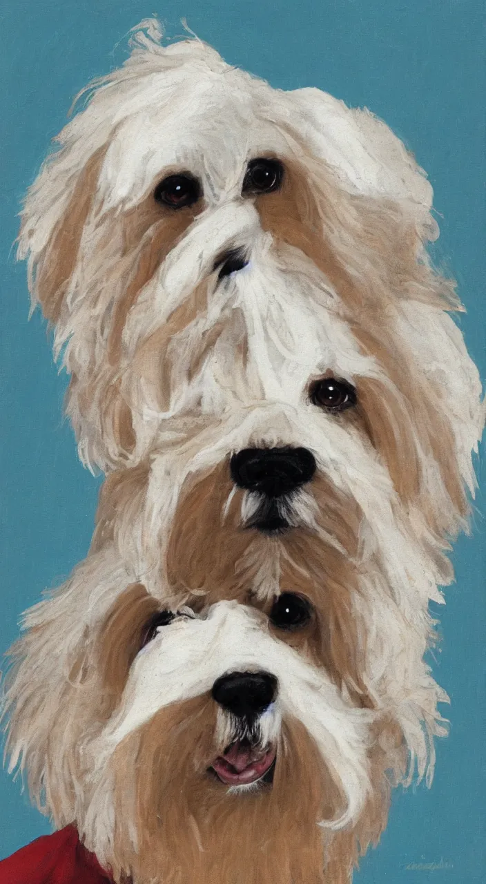 Image similar to portrait of a cream colored havanese dog wearing a lucha libre masking, sandra chevrie
