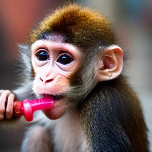 Image similar to cute baby monkey drinking juice, 4k, realistic photo