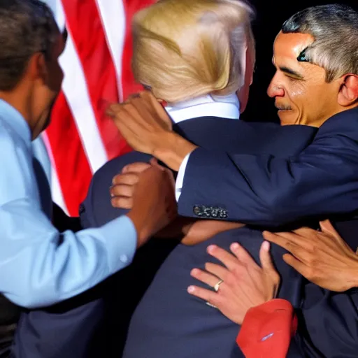 Prompt: obama hugging donald trump while shirtless