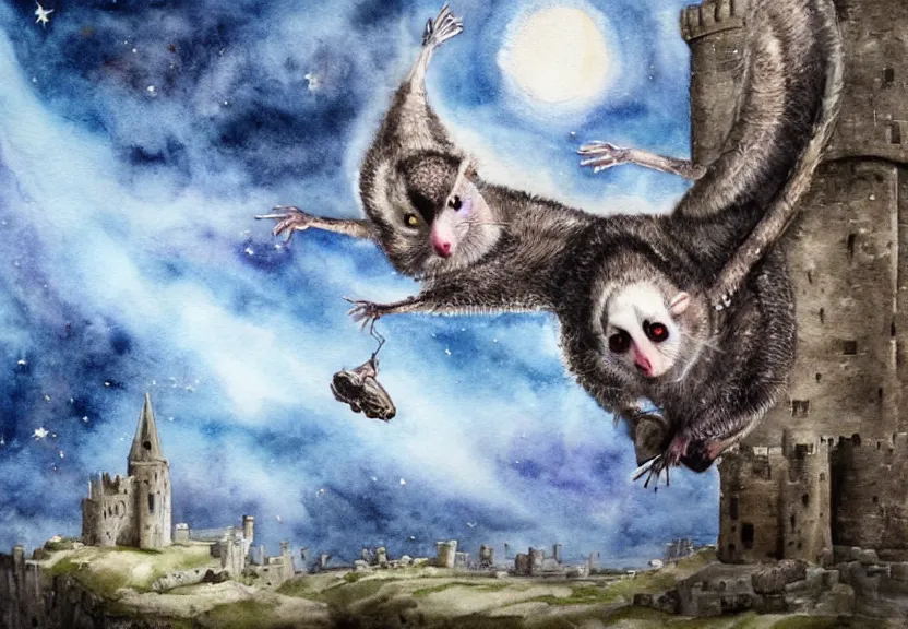 Image similar to Threatening winged possum flying over a medieval castle under a dark starred sky, dark fantasy, watercolor, dreaming illusion, highly detailed, 4k, trending on Artstation, award-winning