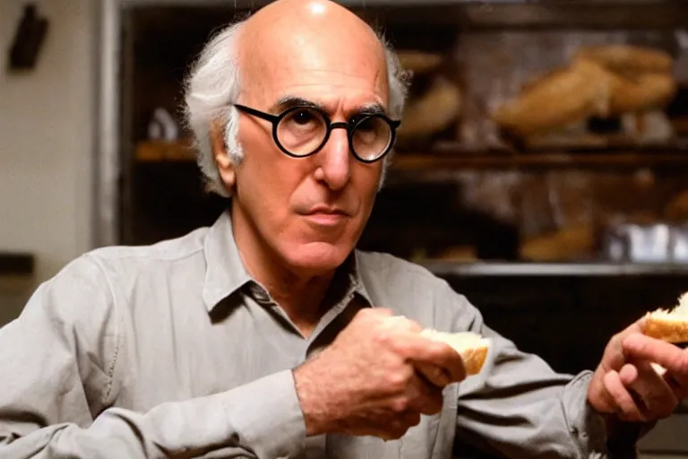 Prompt: larry david eating a sandwich, horror film still, dark atmosphere, found footage, nightmare, unsettling, cinematic, dim lighting, pain, agony, suffering