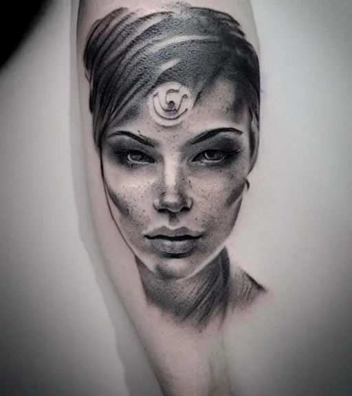 Image similar to tattoo design sketch of a beautiful woman face with a faded background of beautiful mountains on her side, hyper - realistic, double exposure effect, in the style of den yakovlev, amazing detail, black and white, faded