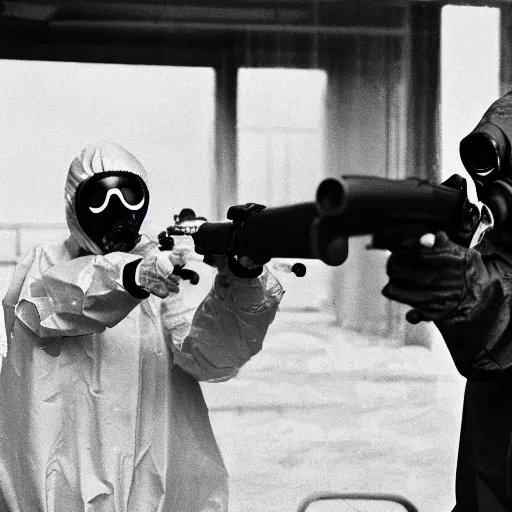 Prompt: a man wearing a hazmat suit and gasmask aiming a pistol, film still, cinematic, gritty