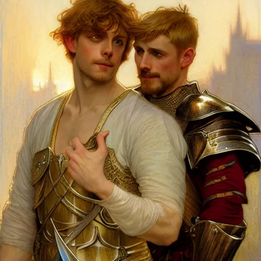 Image similar to attractive arthur pendragon and his attractive male knight, they are in love, natural lighting, path traced, highly detailed, high quality, digital painting, by gaston bussiere, craig mullins, alphonse mucha j. c. leyendecker