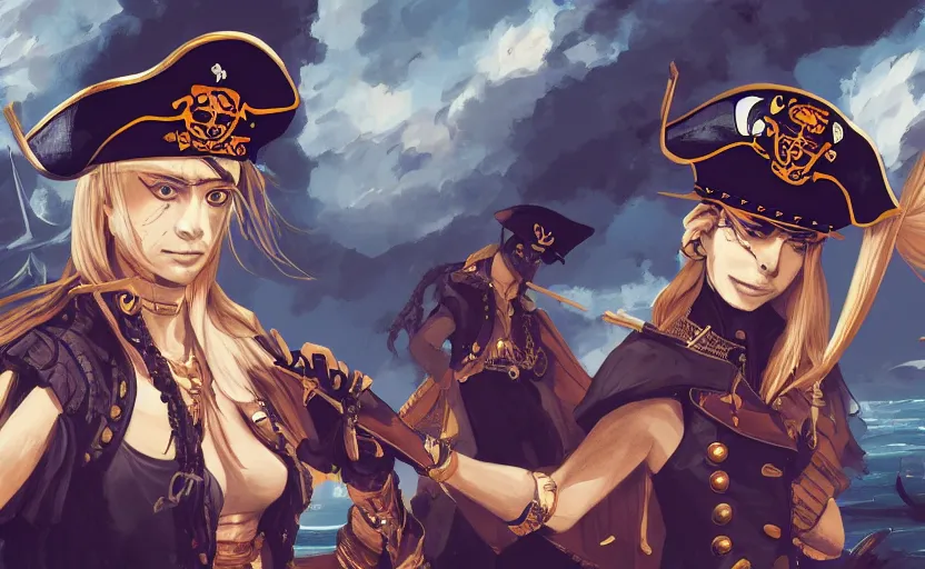 Prompt: a pirate captain commands her crew, digital painting, 4k anime wallpaper, beautiful, gorgeous, intricate and detailed brush strokes